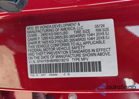 2024 Honda Passport Awd Black из США, поврежденный, VIN 5FNYF8H86RB018219
